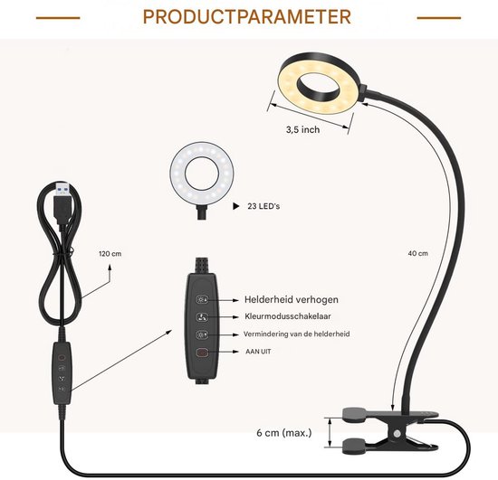 Productdetails van de clip-aan lamp: afmetingen, 23 LED's, USB-kabel, helderheid en kleuraanpassing.