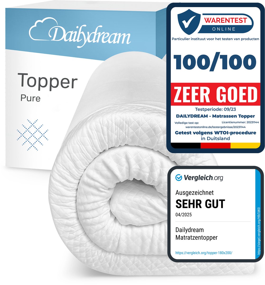 Dailydream | Pure Topper M - 50 bis 90kg - 5cm Höhe / 135x190cm | Traagschuim | Topmatras - Topper Matras - Topdekmatras