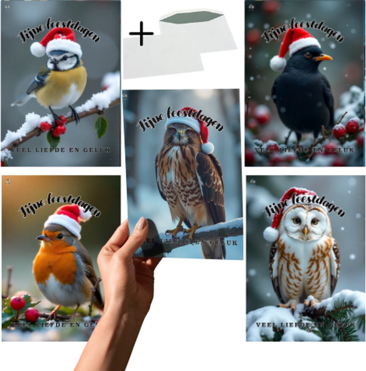 Grand X - Kerstkaart - Vogels - 5 Kaarten - Inclusief Enveloppen - A6 Formaat - Kerstkaarten Met Enveloppen
