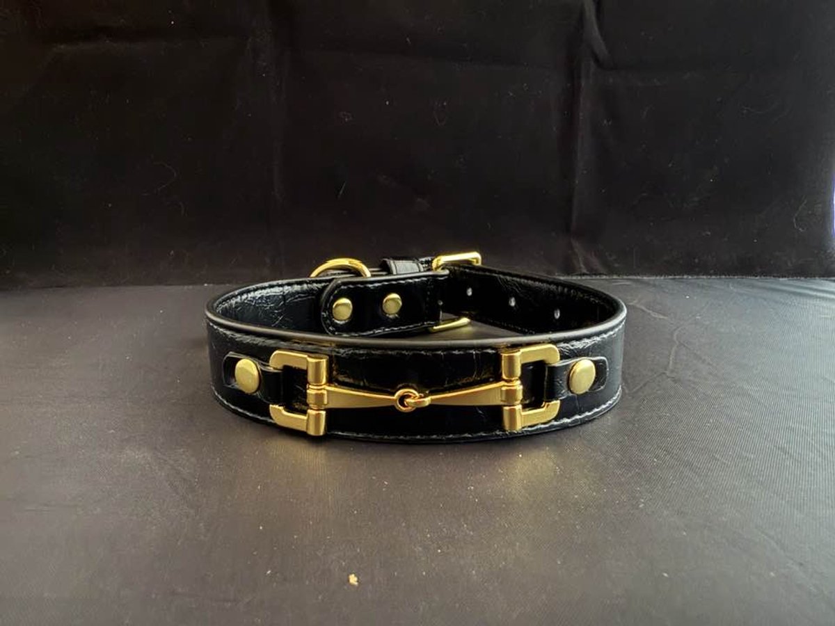 Leren halsband hond - zwarte hondenhalsband - L - halsomvang 30-41 cm - totale lengte halsband 46 cm - breedte 2,5 cm - goudkleurige hondenpoot met strass met extra ring voor eventuele naamkoker