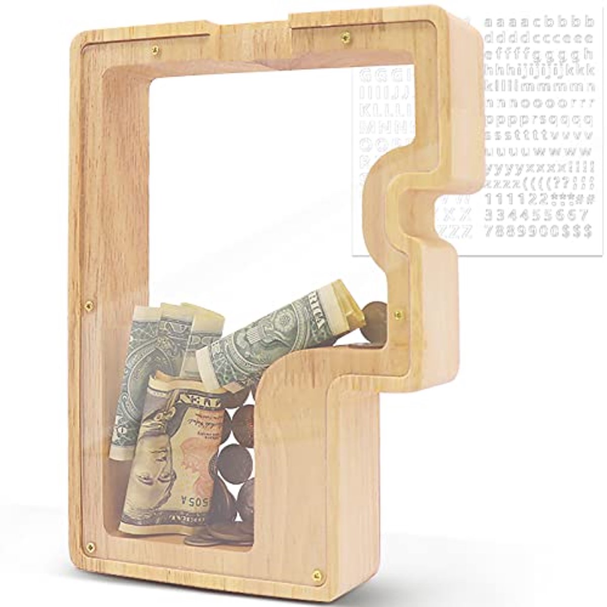 Grote gepersonaliseerde houten spaarpot voor kinderen - Transparant spaarvarken 23x4x23 cm