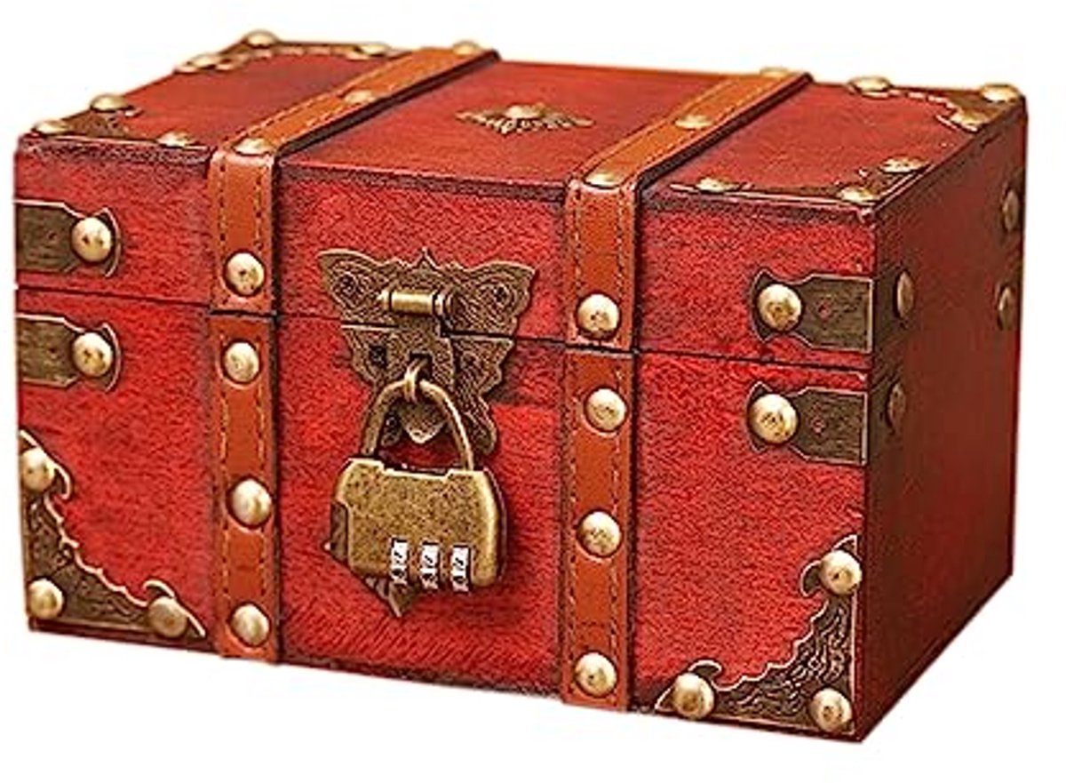 Vintage houten schatkist met slot – multifunctionele sieradenkist en spaarpot voor kinderen