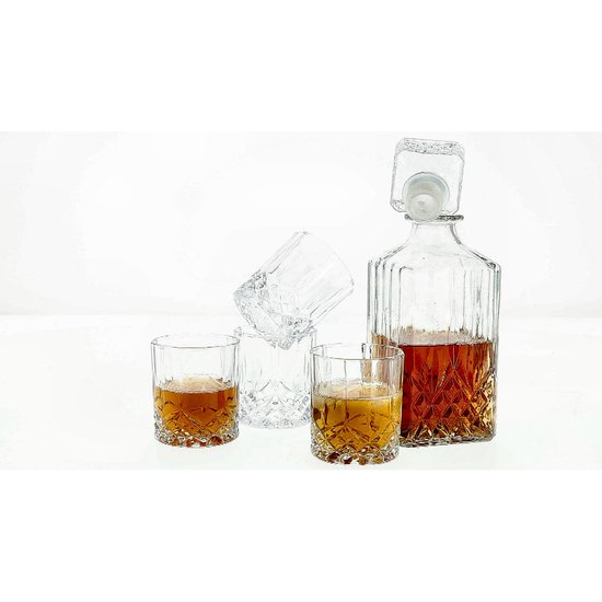 Whiskey Karaf Set met 4 Whiskey Glazen – Luxe Decanteerkaraf van Glas 900 ml – Karaf voor Whisky Proeverij – Whiskey Glazen Set – Perfect Cadeau voor Mannen – Whisky Accessoires voor Bar en Thuis