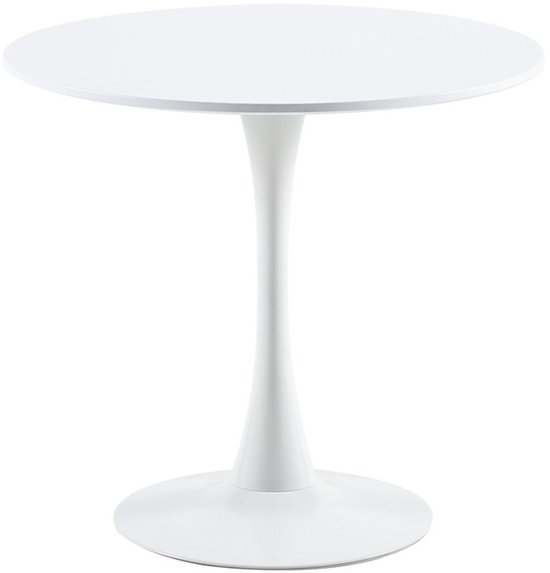 Een ronde, witte eettafel met een stam en een ronde voet, op een witte achtergrond.