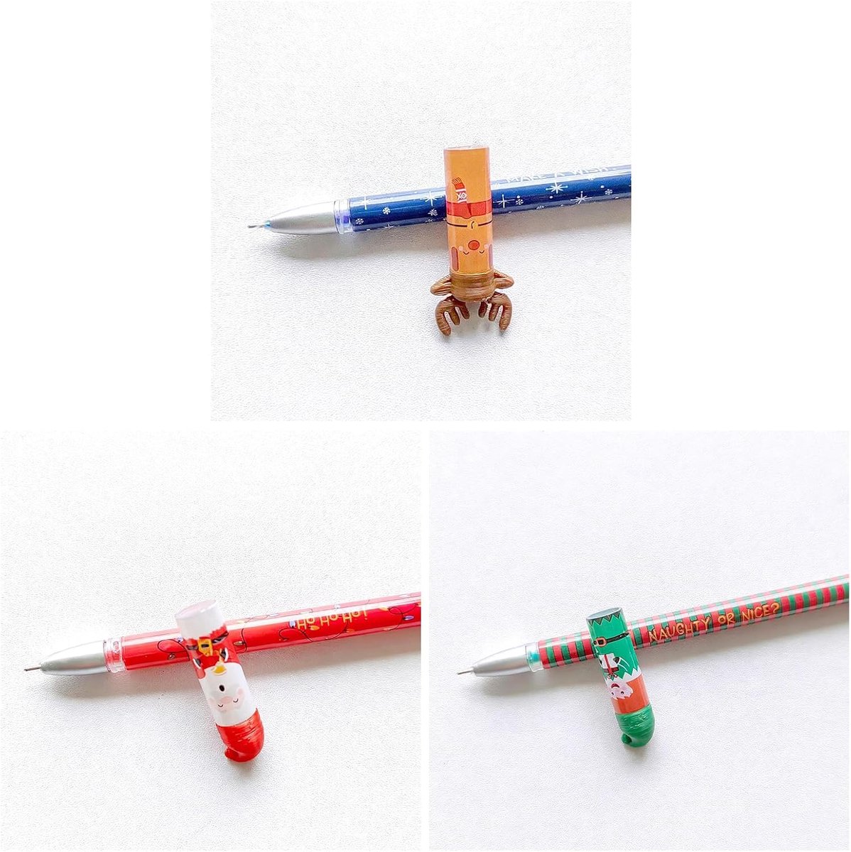 Lot De 3 Stylos Gel Effaçables Noël 2025 - Père Noël, Renne, Enfant - Encre Thermique Bleue 0,35 Mm