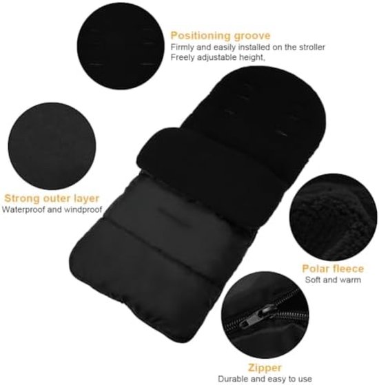 PromoHome Universele Voetenzak voor Kinderwagen - Thermo Voetenzak Winterbescherming met Ritssluiting - Waterdicht Winddicht Machinewasbaar Fleece Voering - Zwarte Baby Voetenzak — afbeelding 4