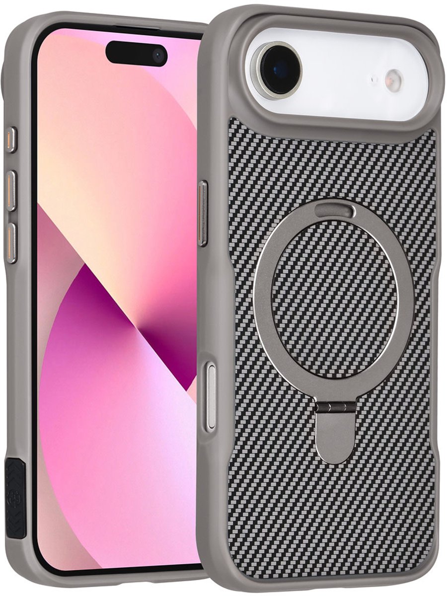TUNIQ Back cover voor iPhone 17 Air - MagSafe - Met Ringstand - Carbon Fiber - Zilver