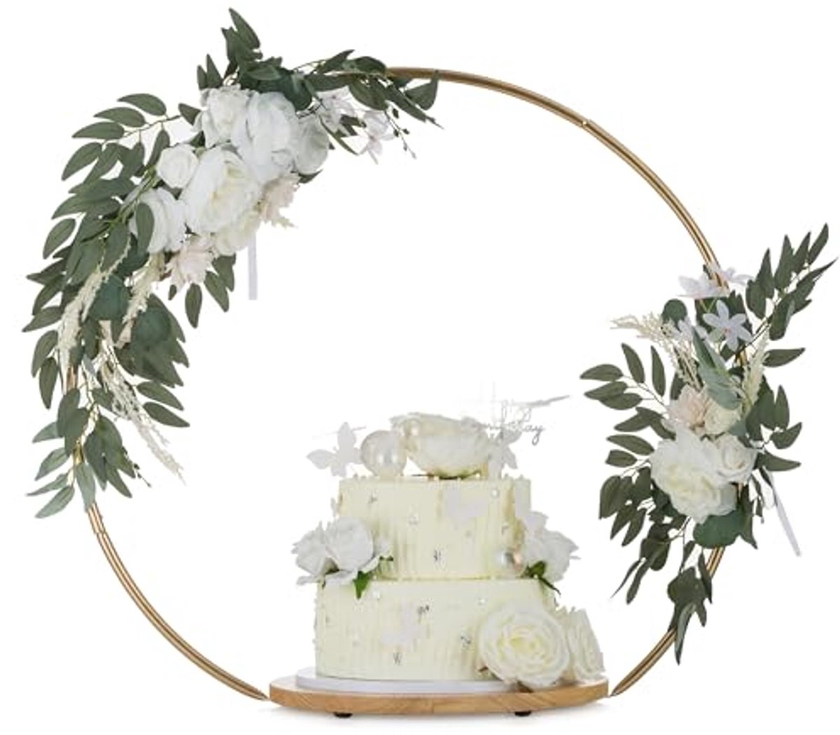 Houten Cake Stand voor Bruiloften en Feesten – Vintage Gouden Rand – 36 cm