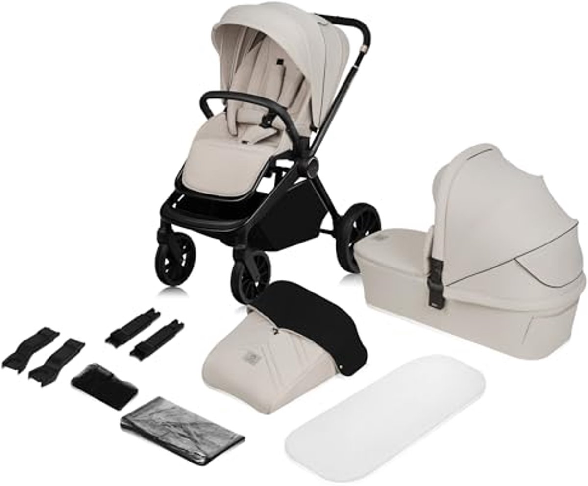 Image of 2-in-1 Kinderwagen Set met Reiswieg en Buggy, All-Terrain wielen, XXL Zonnekap UPF50+, Verstelbare Rugleuning en Voetsteun, Compact en Opvouwbaar, Tot 22kg