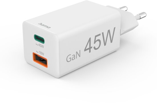 Hama 45W Snellader - 1x USB-C PD, 1x USB-A QC - mini - Wit