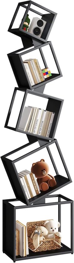 Bibliothèque, étagère métallique, 180 cm, 5 niveaux, finition peinture époxy mate, design géométrique, pour salon, chambre, bureau, noir