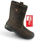 Donkerbruine leren werklaars met 'OutDry Extreme Waterproof' logo op de zijkant en trekbanden.