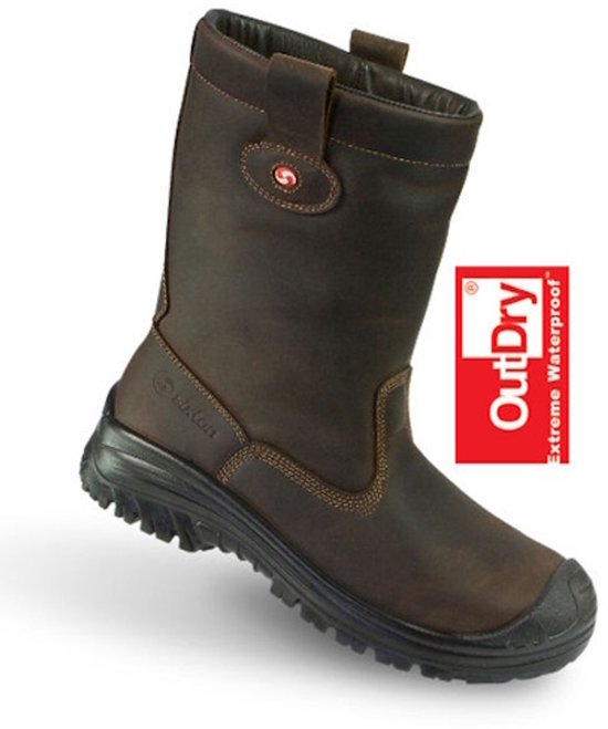 Donkerbruine leren werklaars met 'OutDry Extreme Waterproof' logo op de zijkant en trekbanden.