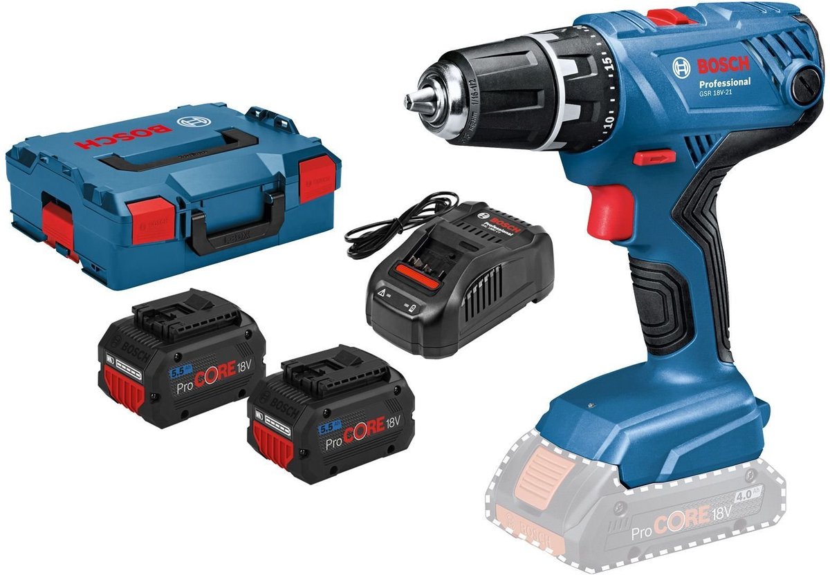 Bosch accuboormachine GSR 18V-21 / 2x 5,5 Ah ProCORE18V accu + la...