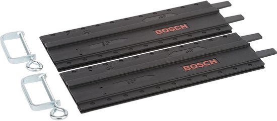 Twee zwarte Bosch geleiderails met schaalverdeling van 0 en 45 graden en twee metalen klemmen.