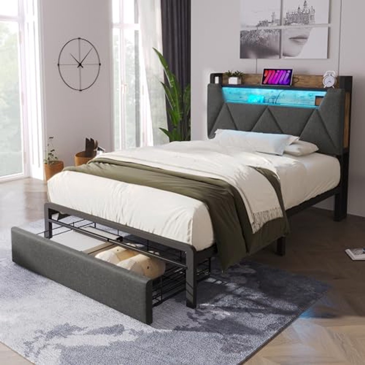 Gestoffeerd Eenpersoonsbed 90 x 200 cm met Opbergruimte en USB Oplaadfunctie