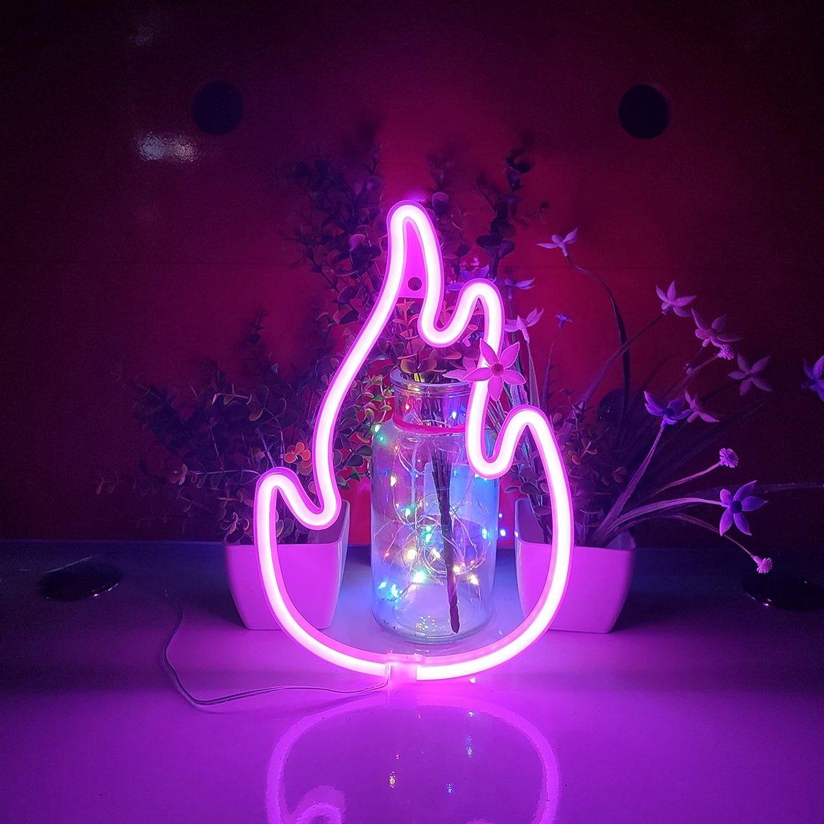 Daity Vlammende neonlamp, neonlamp op USB of 3 AA-batterijen, LED-bureaudecoratie, decoratie voor aan de muur in de slaapkamer, verjaardagscadeau, zakelijk cadeau voor bruiloften (roze) - Batterijen niet inbegrepen