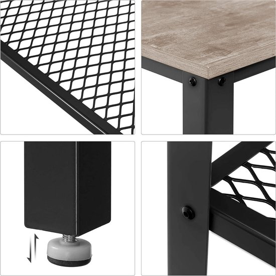 Vier details van de console tafel: metaalgaas, houtverbinding, verstelbare poot, framebevestiging.