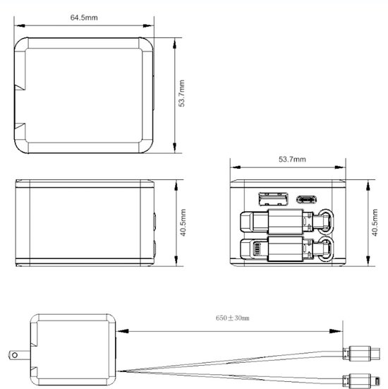 Technische tekening van de GaN-oplader, met afmetingen en een uitschuifbare kabel van 650 mm.