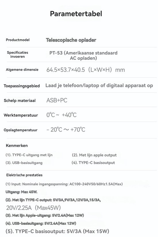 Tabel met specificaties voor een telescopische oplader.