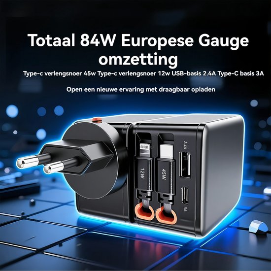 Zwarte, compacte oplader met Europese stekker, twee USB-C kabels (12W en 45W) en twee USB-poorten (2.4A en 3A).