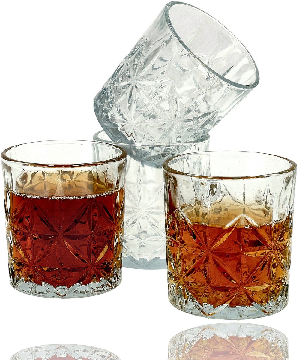 Whiskey Glazen Set 4 stuks – 230 ml – Whisky Glazen / Tumbler Glazen – Glas Set voor Whiskey, Water, Cocktail of Frisdrank – Drinkglazen / Waterglazen – Glazen Set voor Bar & Thuis