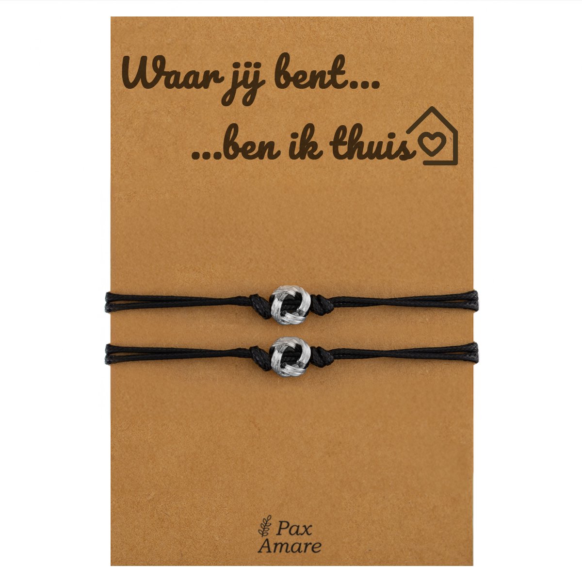 Koppel Armbandjes voor 2 "Waar jij bent, ben ik thuis" - Knoopjes - Vriendschapsarmbandjes met Liefdevol Cadeau Kaartje - Zilverkleurig - Elastisch Verstelbaar - Pax Amare