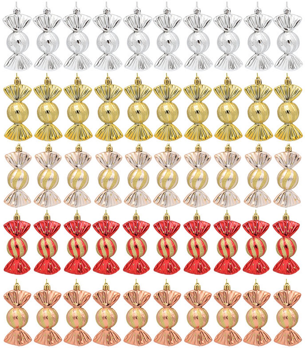 Decoratieve Hanger - Hangende Glazen Ornamenten - 50 Stuks - Vergulde Snoepaccessoires - Gekleurde Snoepjes - Ideaal als Kerstboomhanger en Raamdecoratie