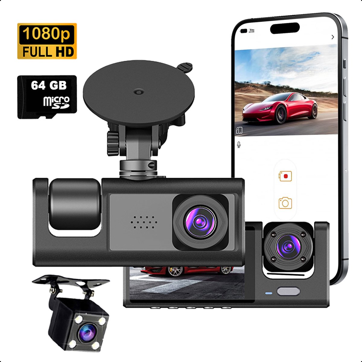 Tech Essentials S1-Wifi Dashcam - 720P - SD Kaart 64GB - Met Achteruitrijcamera - USB-C - Voor Auto Camera - Voor En Achter - Nachtzicht