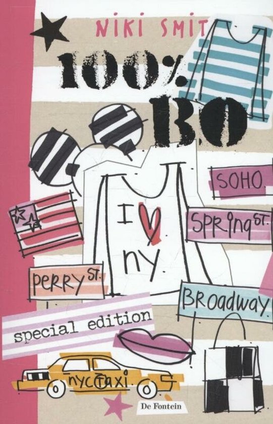 Boekcover met illustraties van een gestreept shirt, New Yorkse straatnamen, een taxi en een handtas.