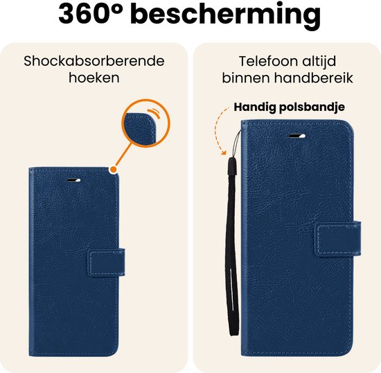 Donkerblauw telefoonhoesje met polsbandje, 360 graden bescherming en schokabsorberende hoeken.
