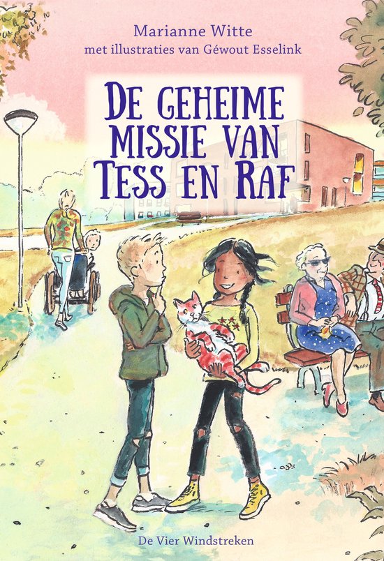 Boek "De geheime missie van Tess en Raf" met illustraties van Géwout Esselink. Een jongen en een meisje met een rode kat in de hoofdrol.