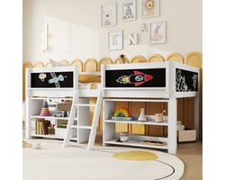 Halfhoog bed, 90*200 cm, meerdere legplanken voor opslag, leuning, ladder, grenenhout, zonder matras, minimalistische stijl, wit