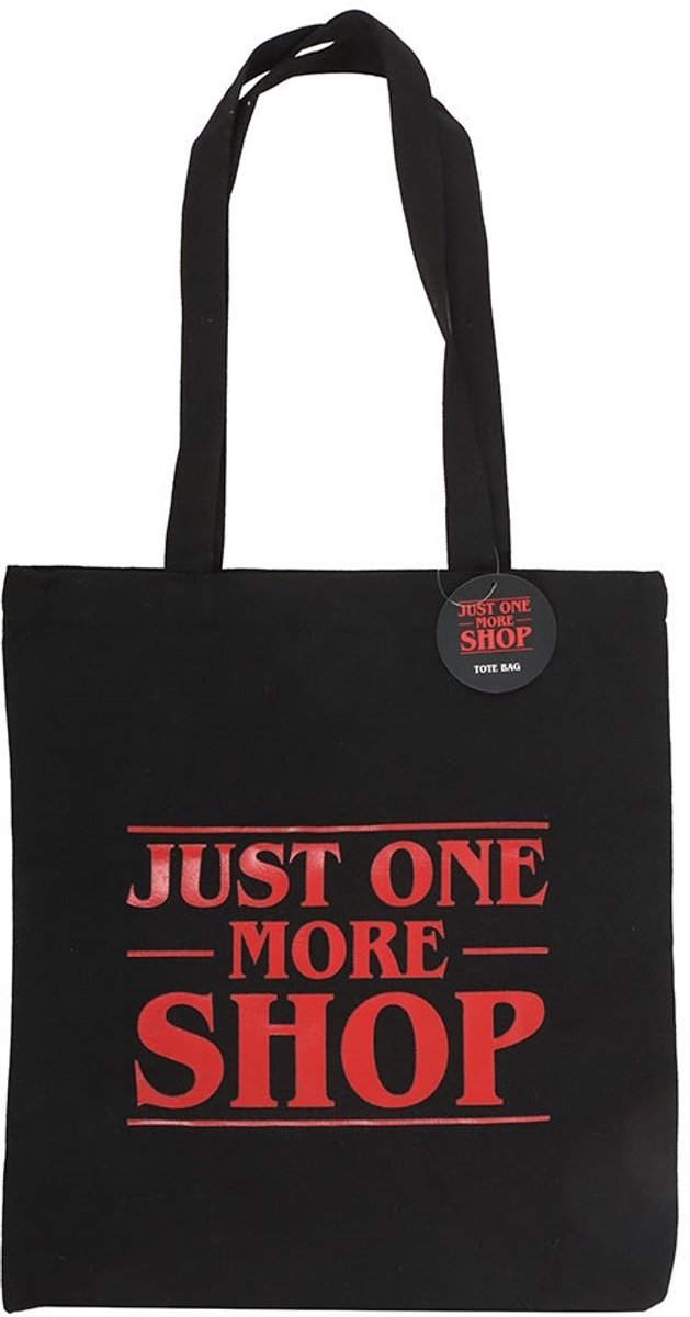 Retro Gaming 'Just One More Shop' Polycotton Tote Bag - Zwarte Draagtas met Rode Opdruk - 71 cm