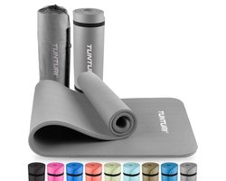 Tunturi NBR Yogamat met Draagtas - Fitnessmat Extra dik & zacht - Sportmat - Anti slip - 180x60x1.5cm - Incl Trainingsapp - Grijs