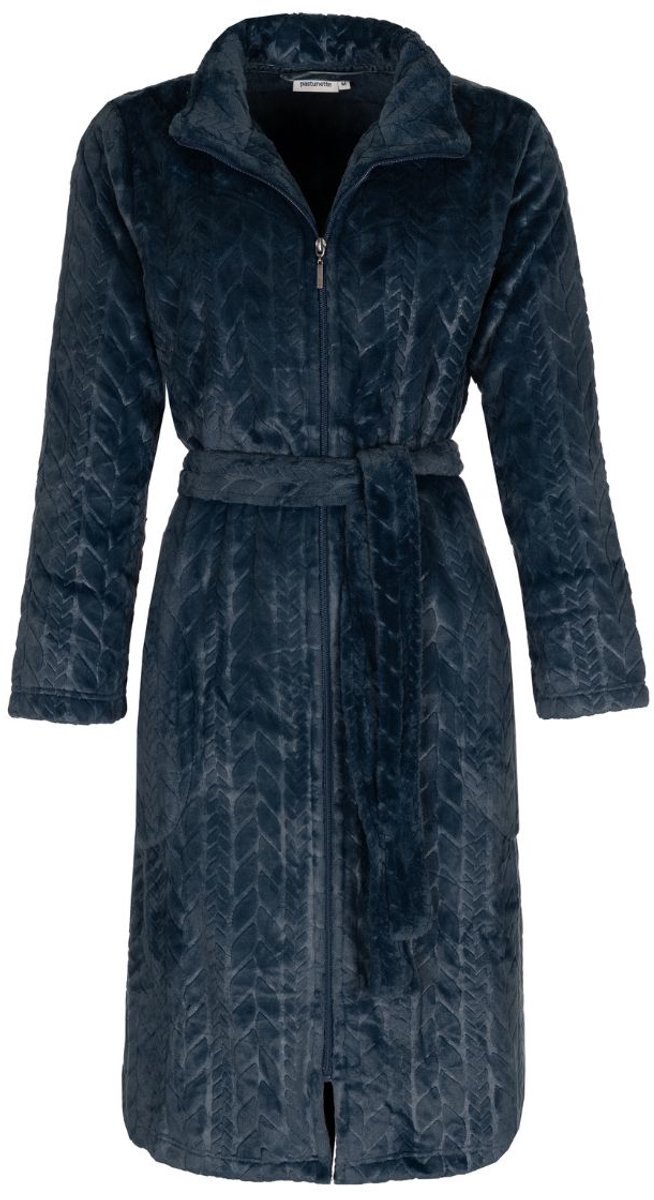 Pastunette Dames badjas met rits - kabelreliëf - fleece - zacht & warm - ritssluiting badjas dames - luxe ochtendjas - donkerblauw - maat 4XL (60-62)