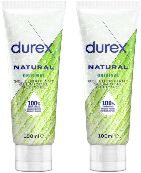 Twee tubes Durex Natural Original glijmiddel, 100ml elk, met groene bladeren en waterdruppels design.