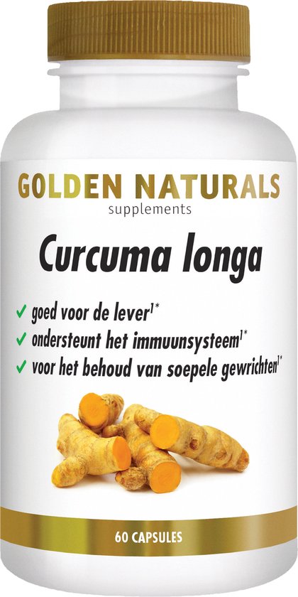 Witte pot Golden Naturals Curcuma longa supplementen met 60 capsules. Visuele weergave van kurkumawortels.