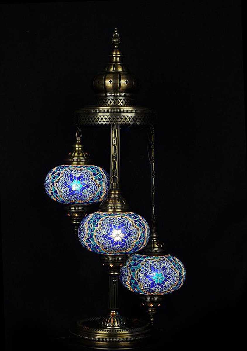 Turkse Lamp Vloerlamp - Mozaïek Lamp Blauw 3 bollen - Handgemaakt - Hoogte 100 cm