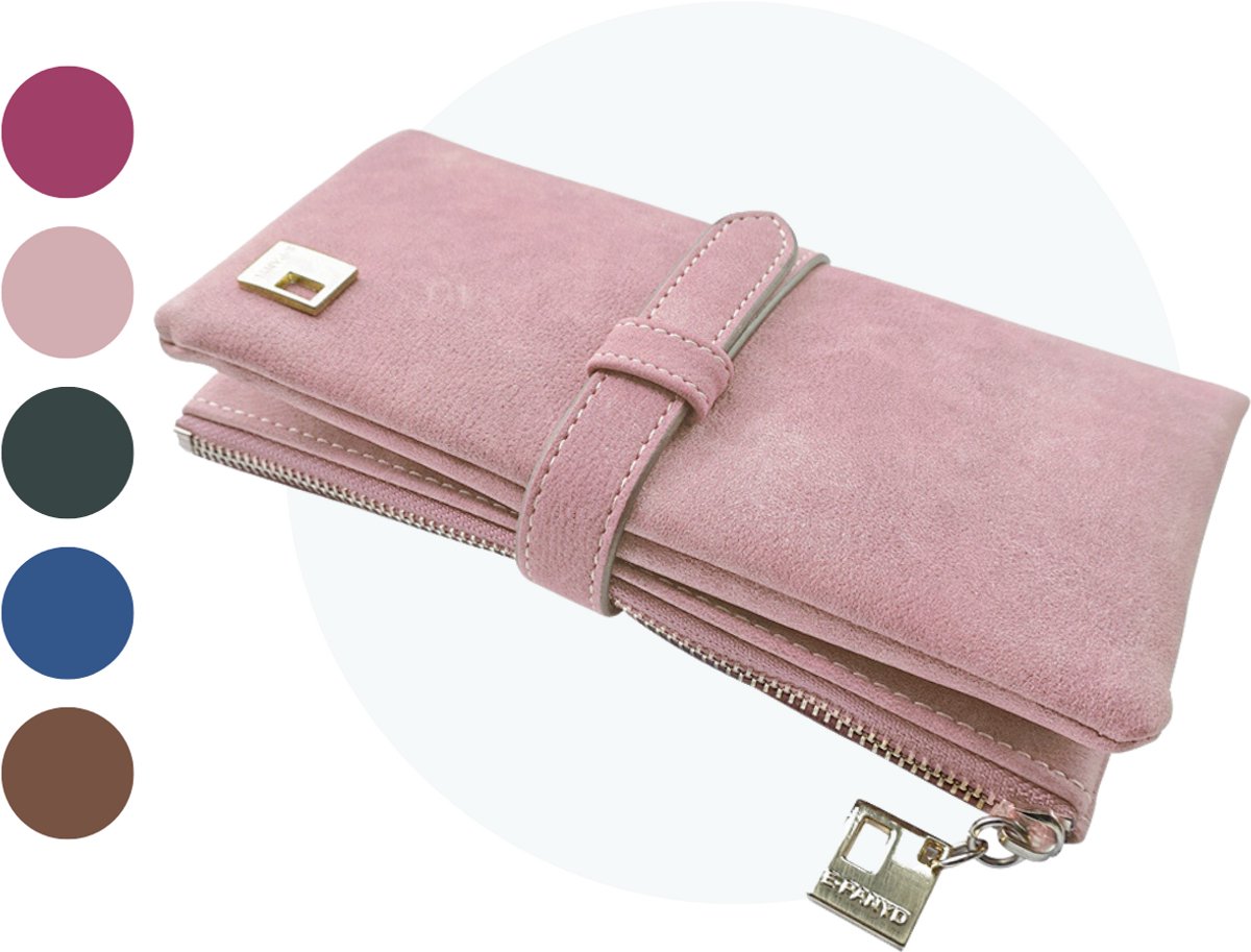ZILOU® Portemonnee Dames Klein - met 12 Kaartvakken - tot 24 Pasjes - Suède Portefeuille Dames ritssluiting met Vintage Look - 3 Grote Vakken - voor Munt- en Briefgeld - Roze