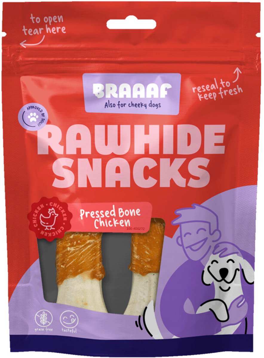 Braaaf Hondensnack Geperst Bot Kip 12,5 cm - 3 x 130 gr - Voordeelverpakking