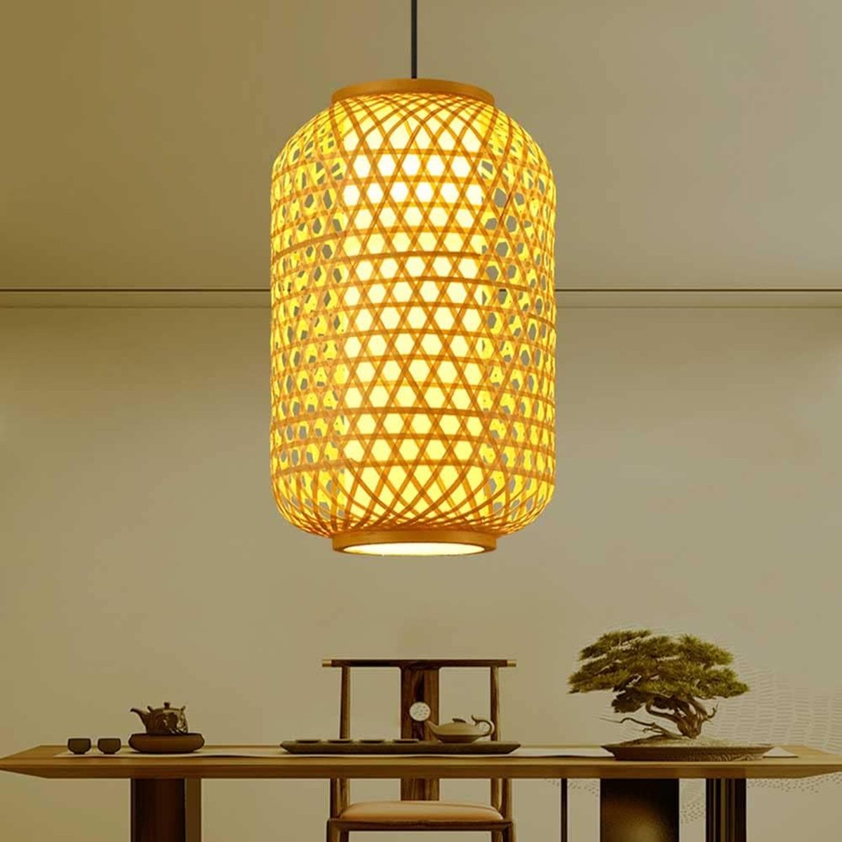 CHIWIN Bamboe Hanglamp E27 – Retro Plafondlamp met Natuurlijke Bamboe Lampenkap – Hanglamp 120cm Kabel – Voor Woonkamer Keuken Restaurant Café Hotel