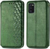 Voor Samsung Galaxy A41 Cubic Grid Pressed Horizontal Flip Magnetic Leather Case met houder & kaartsleuven & portemonnee (groen)