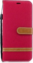 Kleurafstemming Denim Texture Leather Case voor Galaxy J4 +, met houder & kaartsleuven & portemonnee & lanyard (rood)