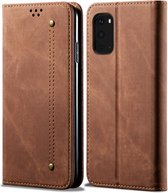 Voor Galaxy S20 plus denim textuur casual stijl horizontale flip lederen tas met houder en kaartsleuven en portemonnee (bruin)