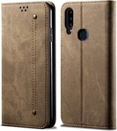 Voor Galaxy A20s denim textuur casual stijl horizontale flip lederen tas met houder en kaartsleuven en portemonnee (kaki)
