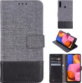 Voor Galaxy A20s MUMXA MX102 horizontale flip canvas stiksels lederen tas met houder & kaartsleuven & portemonnee (zwart)