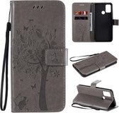 Voor Huawei Honor 9A Tree & Cat reliÃ«fpatroon Horizontale flip lederen tas met houder & kaartsleuven & portemonnee & lanyard (grijs)