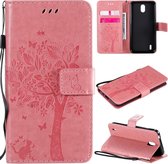 Voor Nokia 1.3 Tree & Cat reliÃ«fpatroon Horizontale flip lederen tas met houder & kaartsleuven & portemonnee & draagkoord (roze)