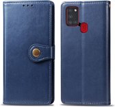 Voor Samsung Galaxy A21S retro effen kleur lederen gesp telefoonhoes met lanyard & fotolijst & kaartsleuf & portemonnee & standaardfunctie (blauw)